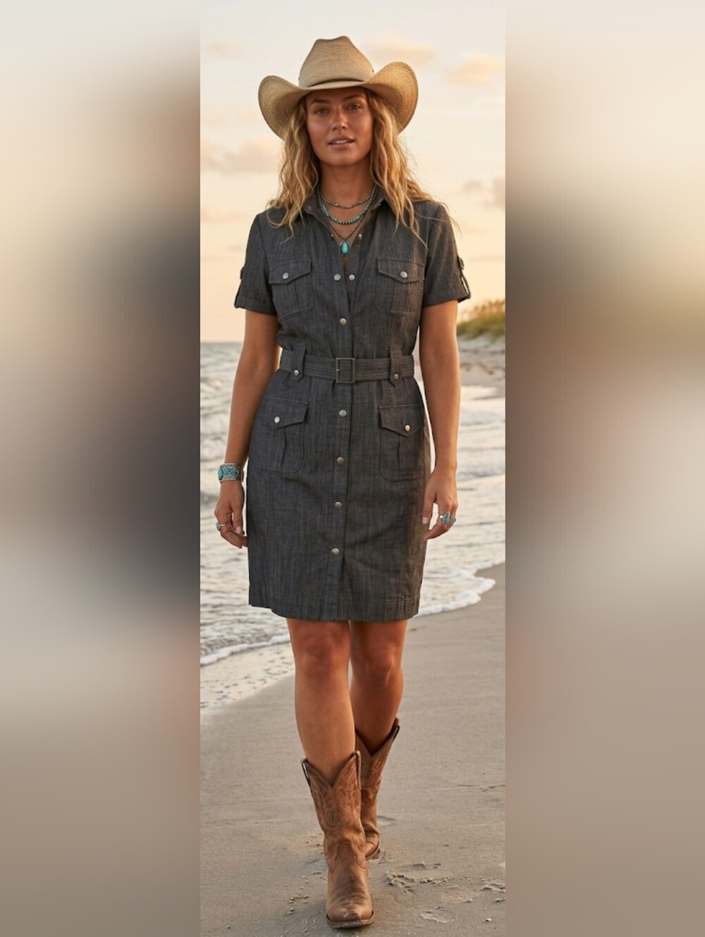Coastal Cowgirl Shirt Dress Cargo Button Front Retro Utility Black Denim 10